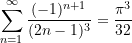 \begin{equation*} \sum \limits_{n = 1}^{\infty}{\frac{(-1)^{n+1}}{(2n-1)^{3}}} = \frac{\pi^{3}}{32} \end{equation*}