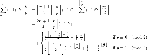 \begin{equation*} \begin{split} \sum\limits_{k=0}^{n}{(-1)^k k\left\lfloor {\frac{k}{p}} \right\rfloor} &= {\left\lfloor {\frac{n+1}{2}} \right\rfloor} {\left\lfloor {\frac{n}{p}} \right\rfloor} (-1)^n  +  \sum\limits_{j=1}^{\left\lfloor {\frac{n}{p}} \right\rfloor}{(-1)^{pj} \left\lfloor {\frac{pj}{2}} \right\rfloor} \\  &=  \frac{2n+1}{4} {\left\lfloor {\frac{n}{p}} \right\rfloor}(-1)^n + \\  &\quad + \begin{cases} \frac{p}{2} \frac{{\left\lfloor {\frac{n}{p}} \right\rfloor}\left(\left\lfloor {\frac{n}{p}} \right\rfloor + 1\right)}{2} - \frac{1}{4}{\left\lfloor {\frac{n}{p}} \right\rfloor}   &\textrm{if } p\equiv 0 \pmod{2} \\   \frac{p}{2} {\left\lfloor \frac{{\left\lfloor {\frac{n}{p}} \right\rfloor} + 1}{2} \right\rfloor} (-1)^{\left\lfloor {\frac{n}{p}} \right\rfloor} + \frac{1}{4} \frac{1 - (-1)^{\left\lfloor {\frac{n}{p}} \right\rfloor}}{2}   &\textrm{if } p\equiv 1 \pmod{2} \end{cases}  \end{split} \end{equation*}