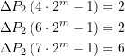\begin{equation*} \begin{split} \Delta {{P}_{2}}\left( {4\cdot {{2}^{m}}-1} \right)&=2 \\ \Delta {{P}_{2}}\left( {6\cdot {{2}^{m}}-1} \right)&=2 \\ \Delta {{P}_{2}}\left( {7\cdot {{2}^{m}}-1} \right)&=6 \end{split} \end{equation*}