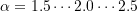 \alpha = 1.5 \cdots 2.0 \cdots 2.5
