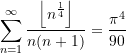\begin{equation*} \sum\limits_{n=1}^{\infty}\frac{\left\lfloor{n^{\frac{1}{4}}}\right\rfloor}{n(n+1)} &= \frac{{\pi}^4}{90}  \end{equation*}