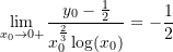 \begin{equation*} \begin{split} \lim_{x_0 \rightarrow 0+}\frac{y_0 - \frac{1}{2}}{x_0^{\frac{2}{3}}\log(x_0)} = -\frac{1}{2} \end{split} \end{equation*}