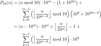 \begin{equation*} \begin{split} P_{10}(n) &=(n \bmod 10) \cdot 10^m - \left(1 + 10^{2m}\right) + \\ &\quad \quad \sum \limits_{k=0}^{m-1} \left(\left\lfloor \frac{n}{10^{m-k}}\right\rfloor \bmod 10\right)\left(10^k + 10^{2m-k}\right) \\ &=  \left(n - 10^m\right) \cdot 10^m + \left\lfloor \frac{n}{10^m}\right\rfloor - 1\; + \\& \quad \quad\sum \limits_{k=1}^{m-1} \left(\left\lfloor \frac{n}{10^{m-k}}\right\rfloor \bmod 10\right) \cdot 10^k \end{split} \end{equation*}