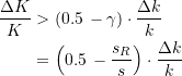 Rendered by QuickLaTeX.com \begin{equation*} \begin{split} \dfrac{\Delta{K}}{K} &> \left({0.5 \, - \gamma}\right) \cdot \dfrac{\Delta{k}}{k} \\&= \left({0.5 \, - \dfrac{s_R}{s}}\right) \cdot \dfrac{\Delta{k}}{k} \end{split} \end{equation*}